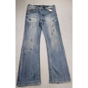 Salvage Jeans Mens 33 35x32 Mayhem Straight Blue Distressed Stretch Buckle Fade